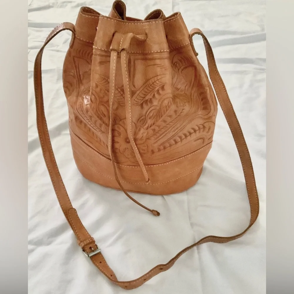 Tan Leather Bucket Bag with Embossed Detail